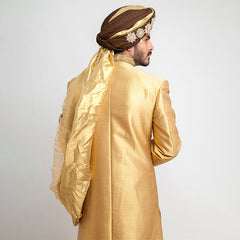 Medium Gold Pure Jamavar Silk Form-Fitted Sherwani