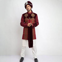 Burgundy and Maroon Velvet Short Sherwani