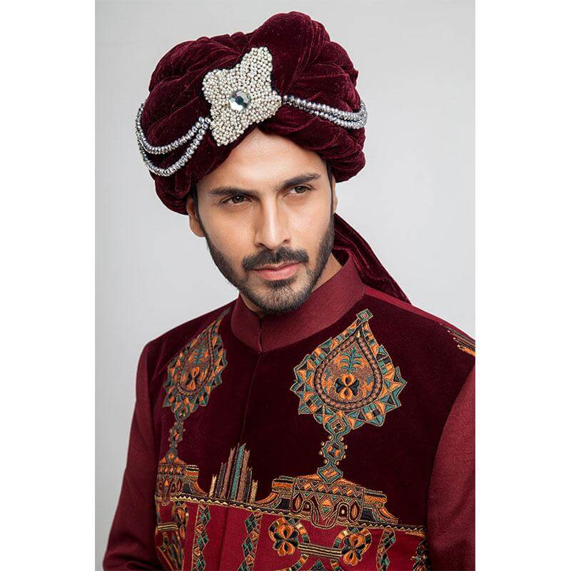 Burgundy and Maroon Velvet Short Sherwani