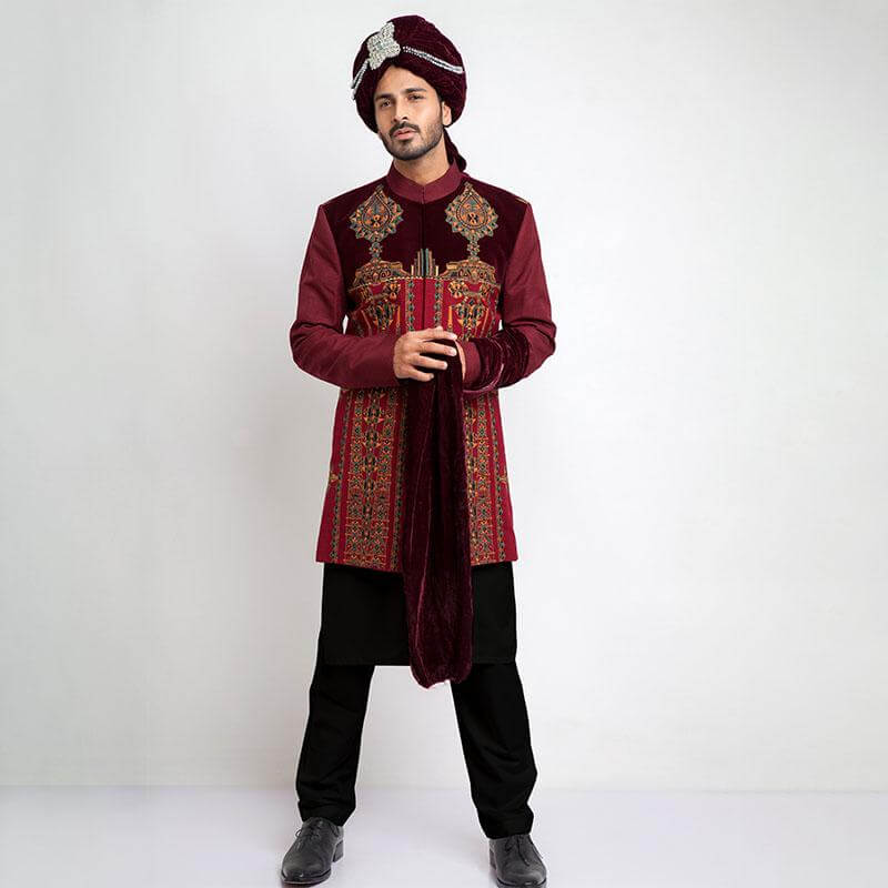 Burgundy and Maroon Velvet Short Sherwani