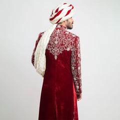 Burnt Red Velvet Form-Fitted Sherwani