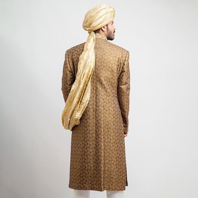Antique Gold Brocade Silk Form-Fitted Sherwani