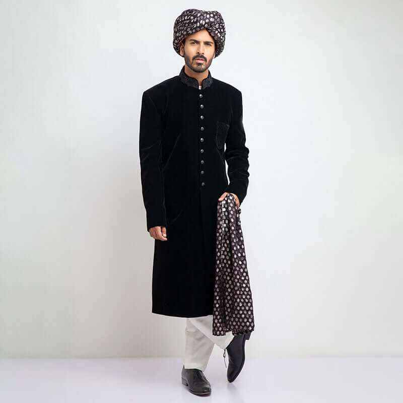 Black Velvet Form-Fitted Sherwani