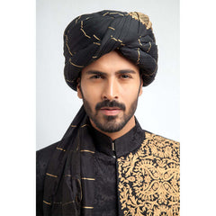 Jet Black Pure Jamavar Silk Form Fitted Sherwani