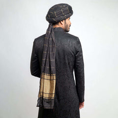 Jet Black Pure Jamavar Silk Form Fitted Sherwani