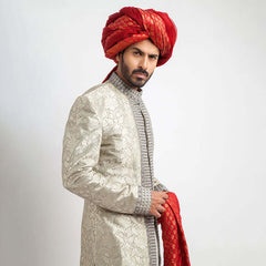 Puter and Ash Grey Pure Brocade Silk Sherwani