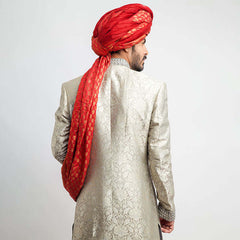 Puter and Ash Grey Pure Brocade Silk Sherwani