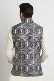 White Optical Art Embroidered Prince Coat with Black & Gold Accents AI-WCOAT-00077