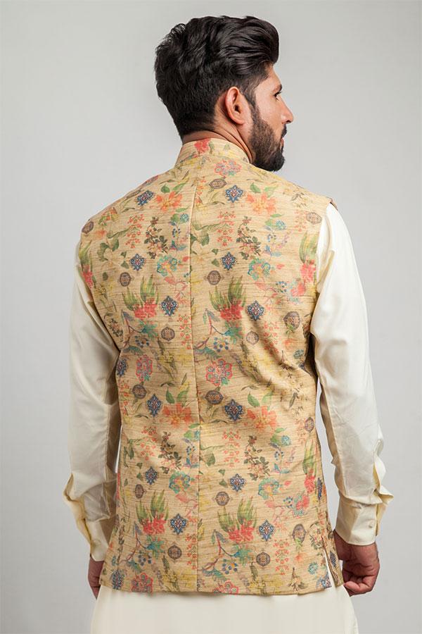 Khaki Bloom: Digital Floral Printed Waistcoat