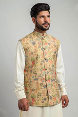 Khaki Bloom: Digital Floral Printed Waistcoat