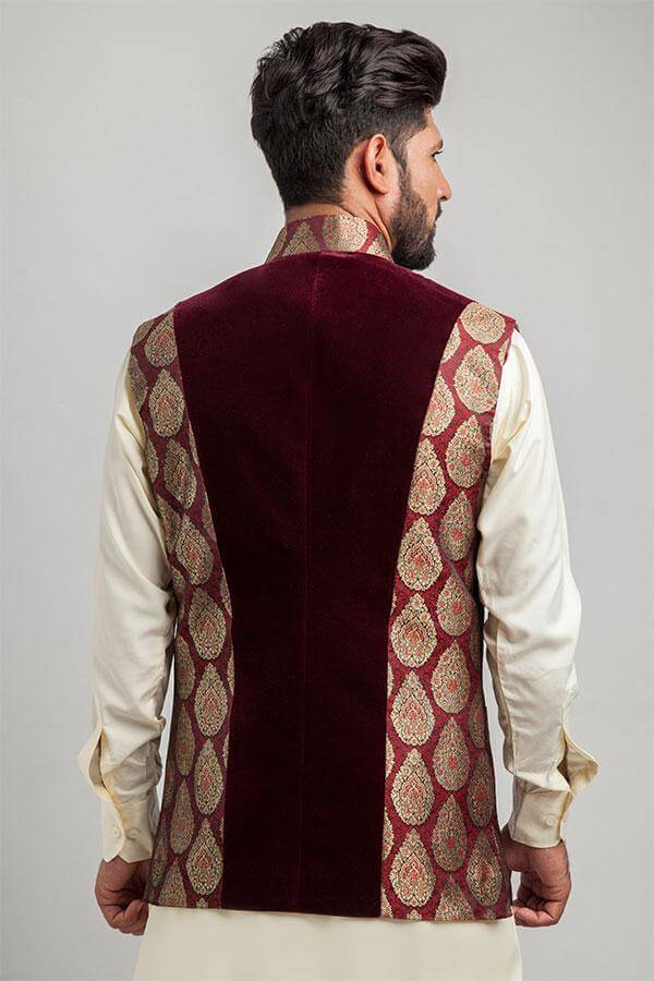 Deep Maroon Velvet & Brocade Panelled Waistcoat