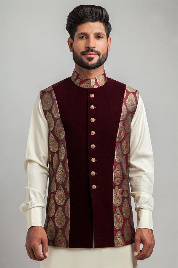 Deep Maroon Velvet & Brocade Panelled Waistcoat