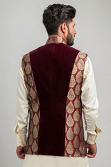 Deep Maroon Velvet & Brocade Panelled Waistcoat