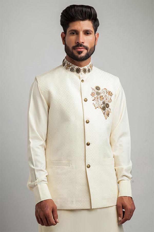 Ivory Brocade Embroidered Waistcoat - X2