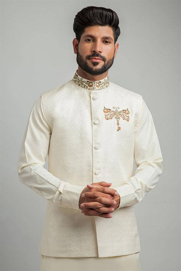 Ivory Brocade Embroidered Waistcoat For Men 