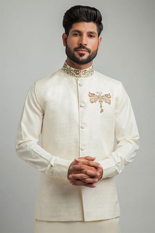 Ivory Brocade Embroidered Waistcoat For Men 