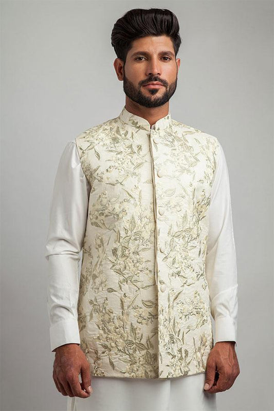 Embroidered Waistcoat For Men in Ivory & Light Gold Floral