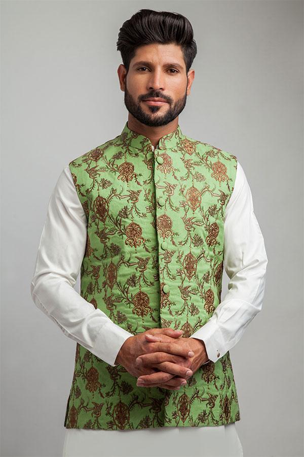 Forest Green Embroidered Waistcoat For Men 