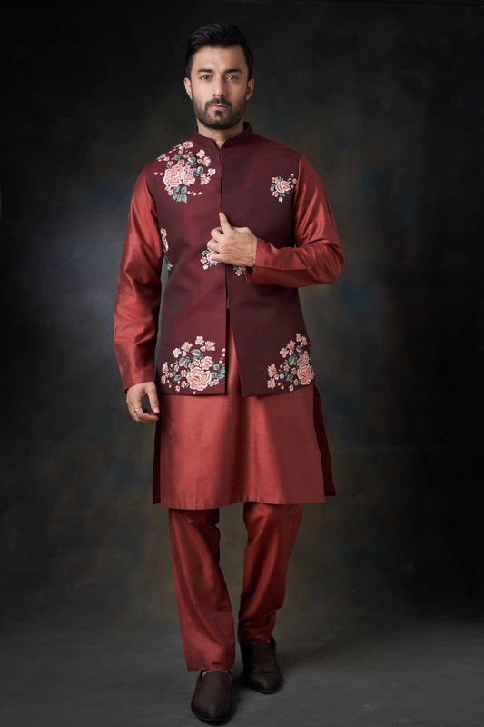 Deep Maroon Handcrafted Embroidered Waistcoat