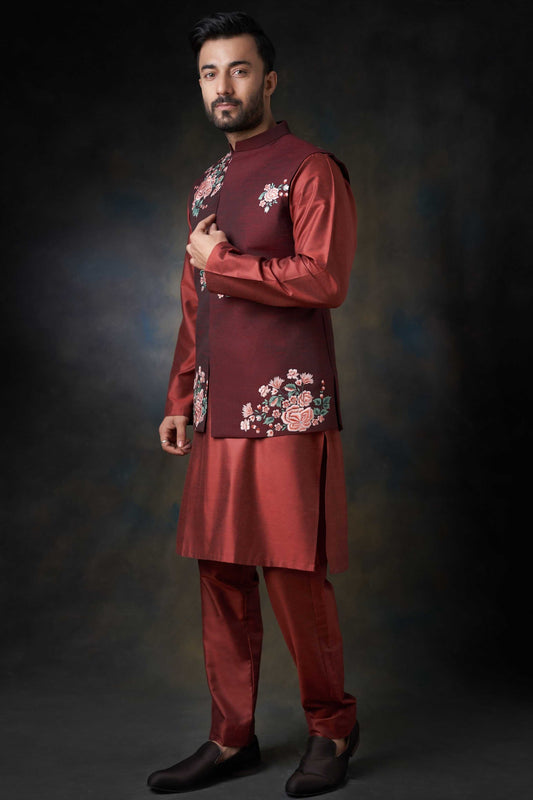 Deep Maroon Handcrafted Embroidered Waistcoat