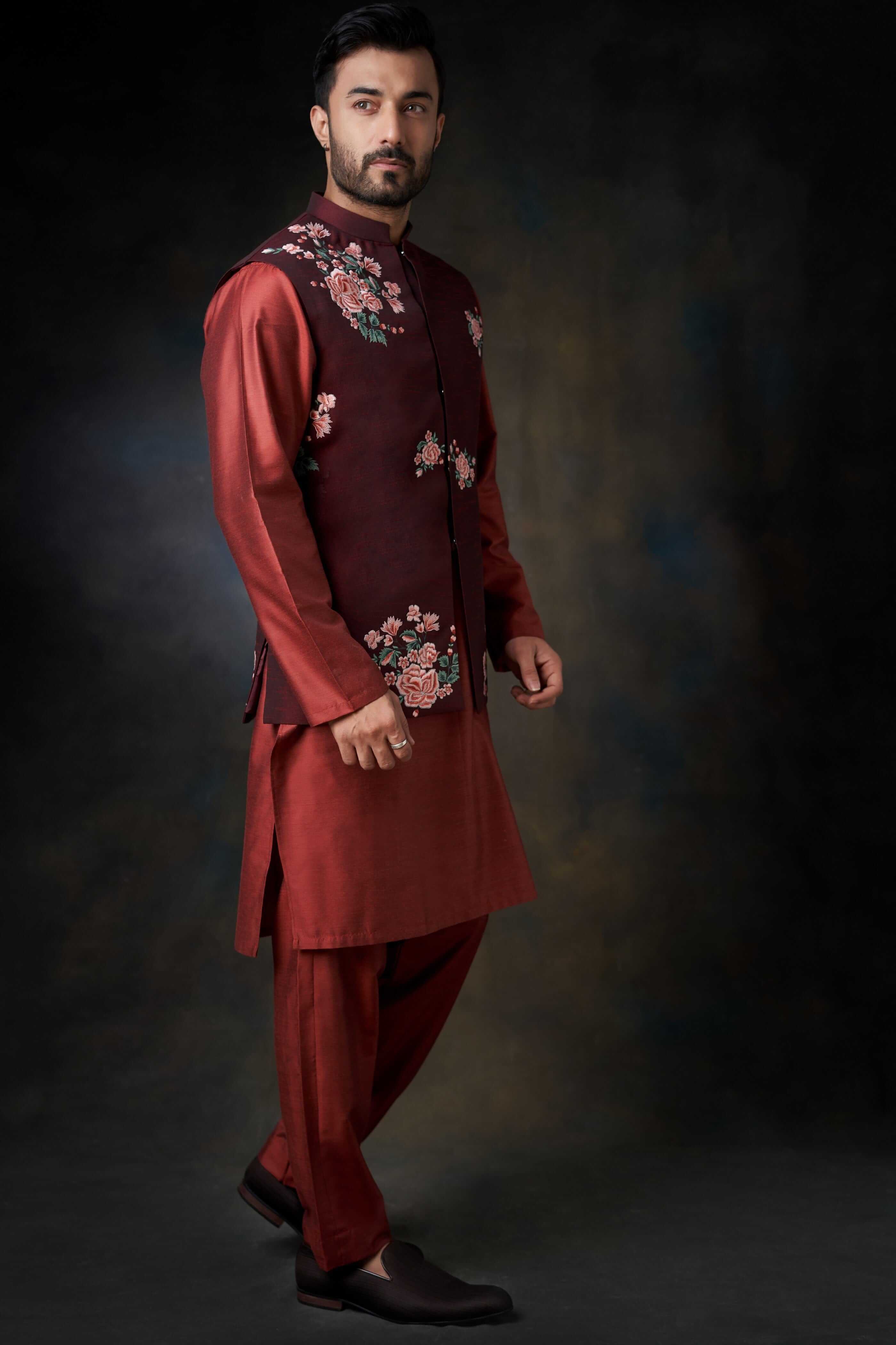 Waistcoat on 2025 maroon kurta