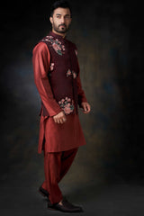 Deep Maroon Handcrafted Embroidered Waistcoat