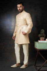 Gold Paisleys Rawsilk Sherwani with Custom AI Signature Buttons