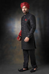 Jet Black Short Length Sherwani with Sequins Detailing