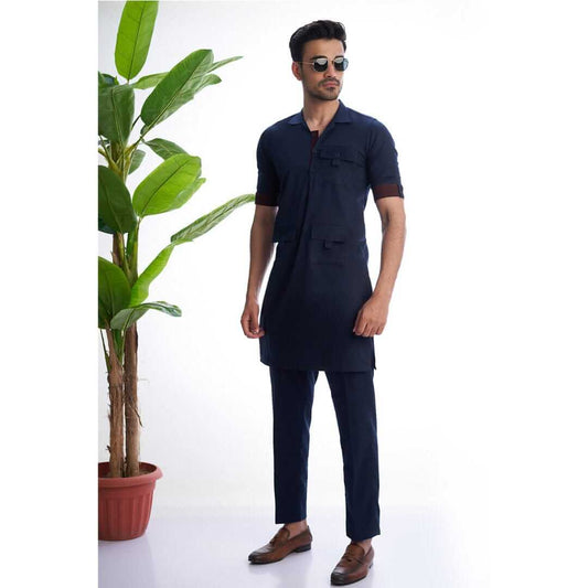 Premium Textured Navy Blue Kurta with Maroon Brocade