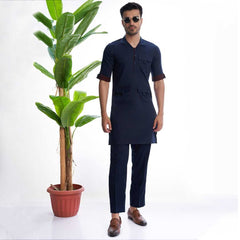 Premium Textured Navy Blue Kurta with Maroon Brocade