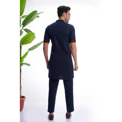 Premium Textured Navy Blue Kurta with Maroon Brocade