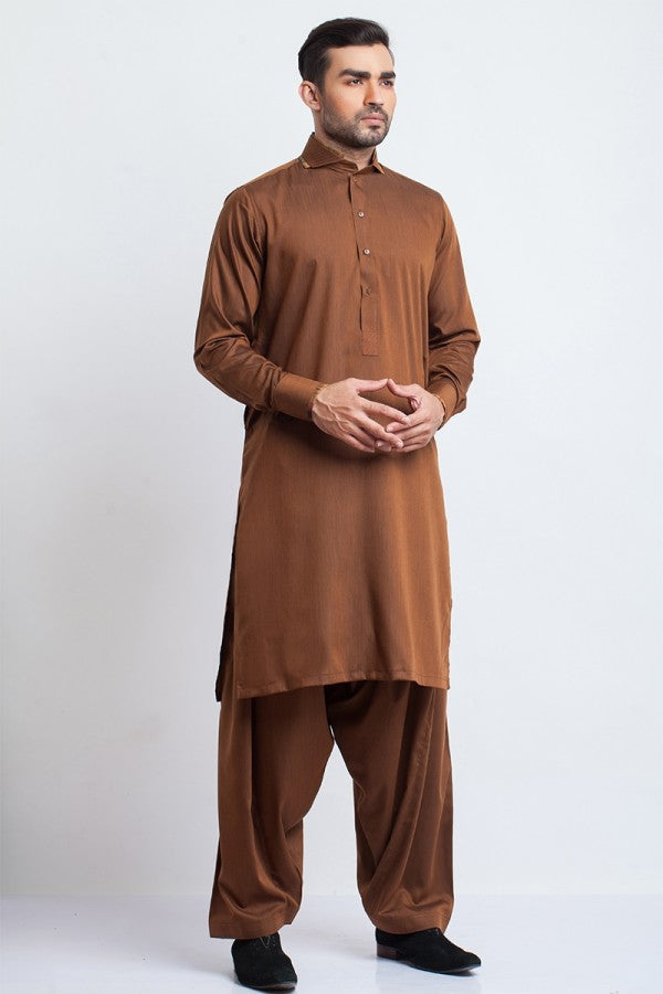 Classic Brown Cotton Shalwar Kameez with Contrasting Collar Detail