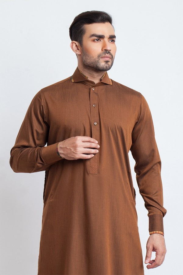 Classic Brown Cotton Shalwar Kameez with Contrasting Collar Detail