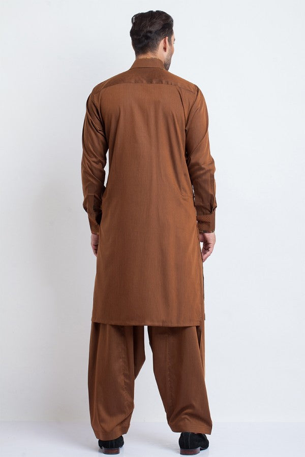 Classic Brown Cotton Shalwar Kameez with Contrasting Collar Detail