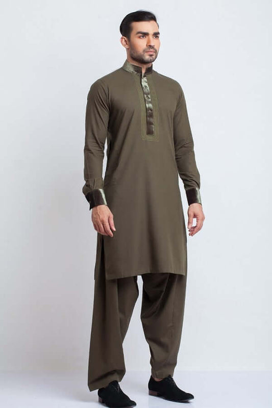 Khaki Green Soft Cotton Shalwar Kameez with Velvet Detailing