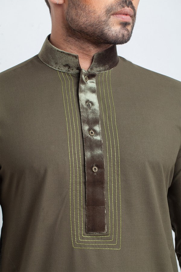 Khaki Green Soft Cotton Shalwar Kameez with Velvet Detailing