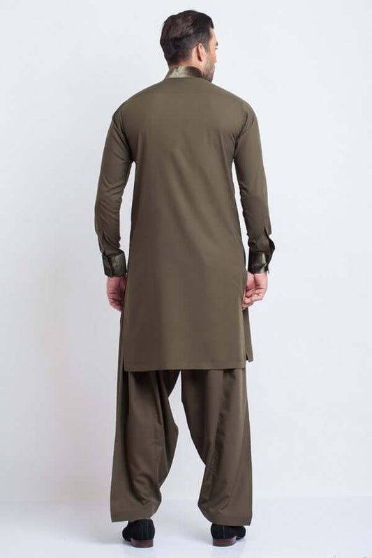 Khaki Green Soft Cotton Shalwar Kameez with Velvet Detailing