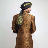 Antique Gold and Black Pure Brocade Jamavar Form Fitted Sherwani, luxurious design with intricate detailing