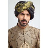 Antique gold and black brocade form-fitted sherwani with intricate embroidery, combining luxurious design and a modern tailored fit.