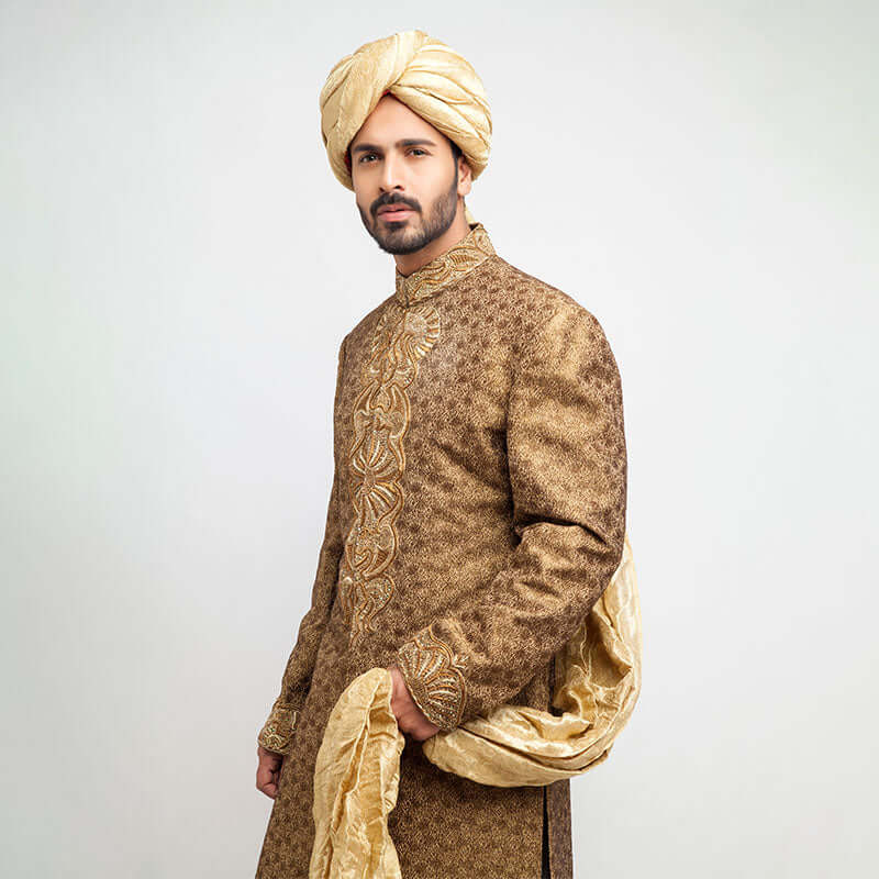 Antique Gold Brocade Silk Form-Fitted Sherwani by Arsalan Iqbal