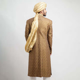 Antique Gold Brocade Silk Form-Fitted Sherwani by Arsalan Iqbal