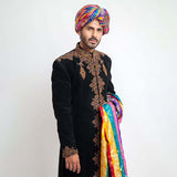  Antique Ivory Pure Jamavar Silk Form-Fitted Sherwani with intricate embroidery