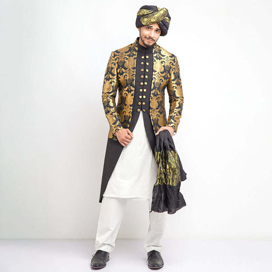 Arsalan Iqbal Black and Gold Jamavar Twinset Sherwani with Turban and Dupatta Full Length Front View for Men