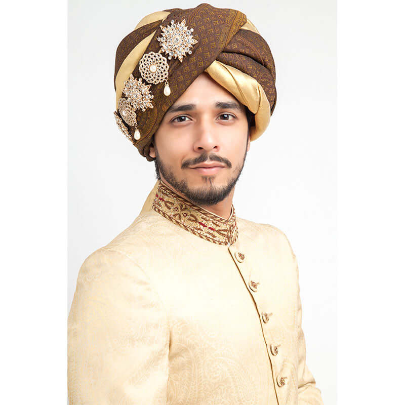 Arsalan Iqbal Cream Pure Jamavar Silk Form-Fitted Sherwani with Brown Turban Upper Body Close-Up View for Men