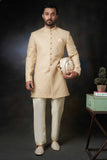 Arsalan Iqbal Gold Paisleys Rawsilk Sherwani with Custom AI Signature Buttons Full Length Front View for Men