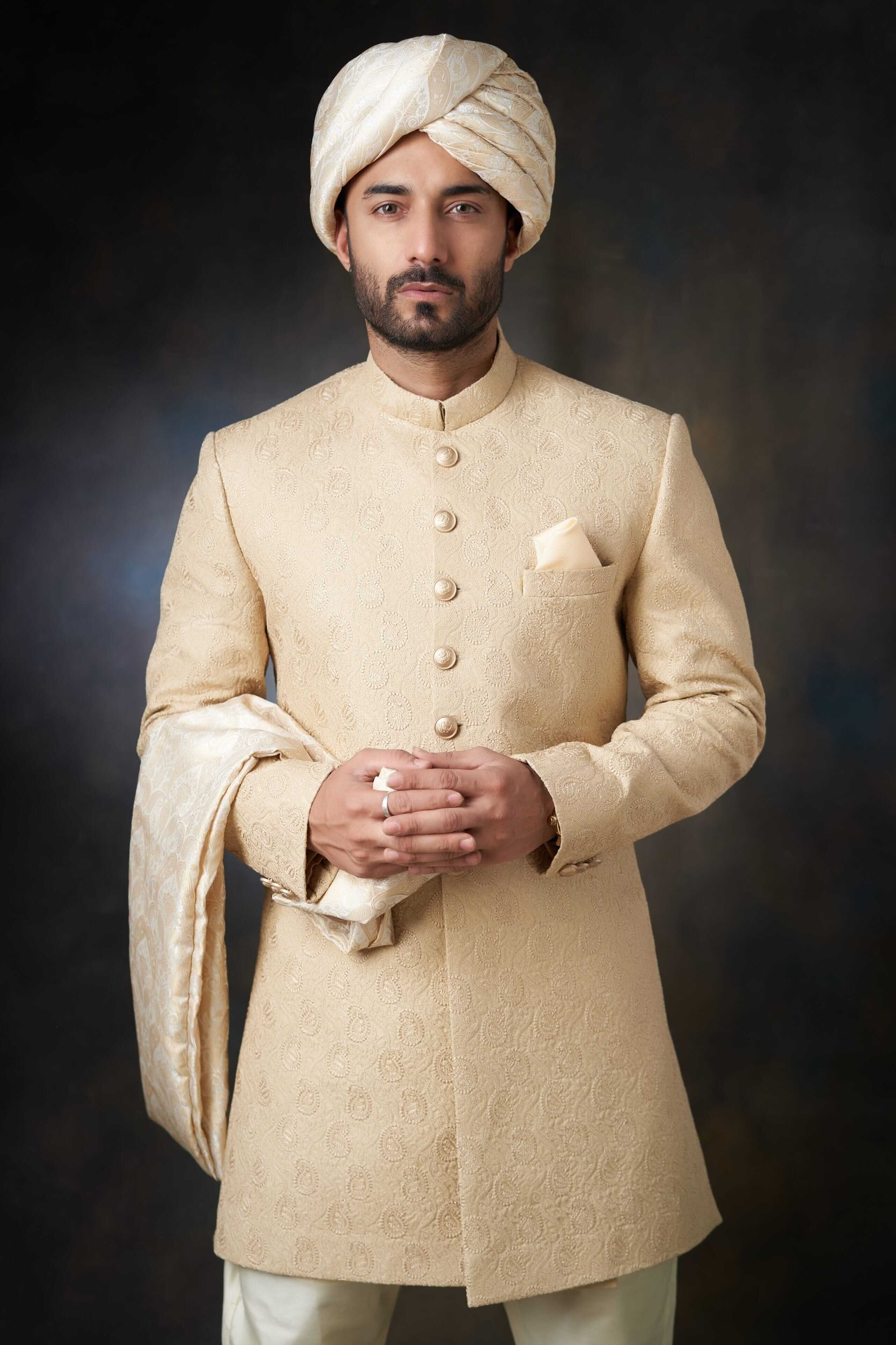 Arsalan Iqbal Gold Paisleys Rawsilk Sherwani with Custom AI Signature Buttons and Turban Upper Body Close-Up View for Men