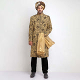 Black and Gold Pure Jamavar Silk Form-Fitted Sherwani with luxurious embroidery