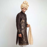 Chocolate Brown Brocade Form-Fitted Sherwani with intricate detailing