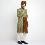  Dark Pistachio Green Jamavar Silk Sherwani with refined form-fitted design