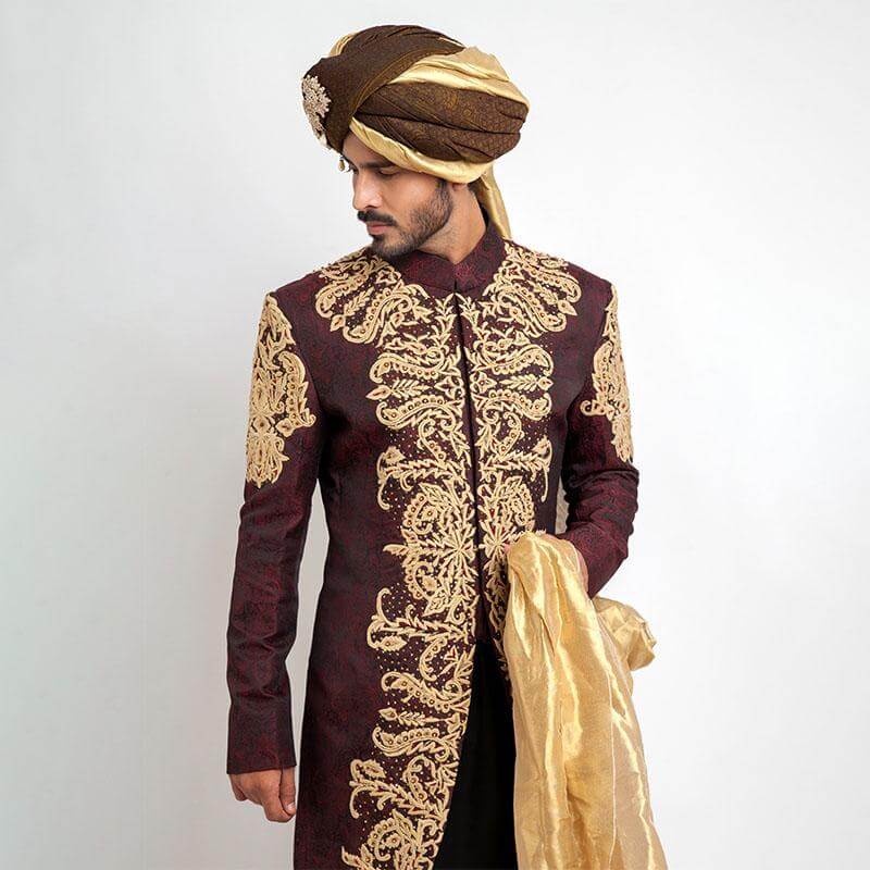 Deep Burgundy Pure Jamavar Silk Shux Sherwani with intricate embroidery